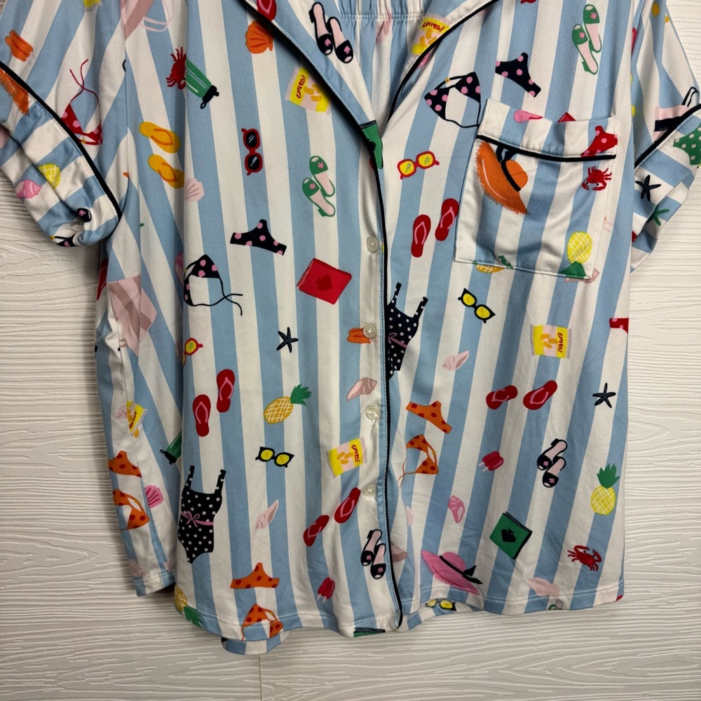 Kate Spade Colorful Summer Beach Printed Striped Button-Up Pajama Set Large - Picture 4 of 9